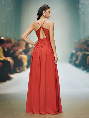 Solid Color Lace Patchwork Backless Halter Bridesmaid Dress For Adult Party