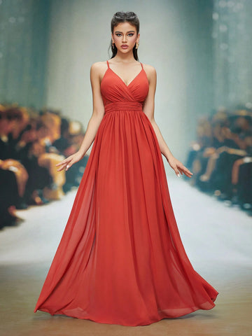 Solid Color Lace Patchwork Backless Halter Bridesmaid Dress For Adult Party