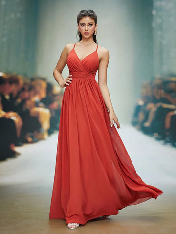 Solid Color Lace Patchwork Backless Halter Bridesmaid Dress For Adult Party