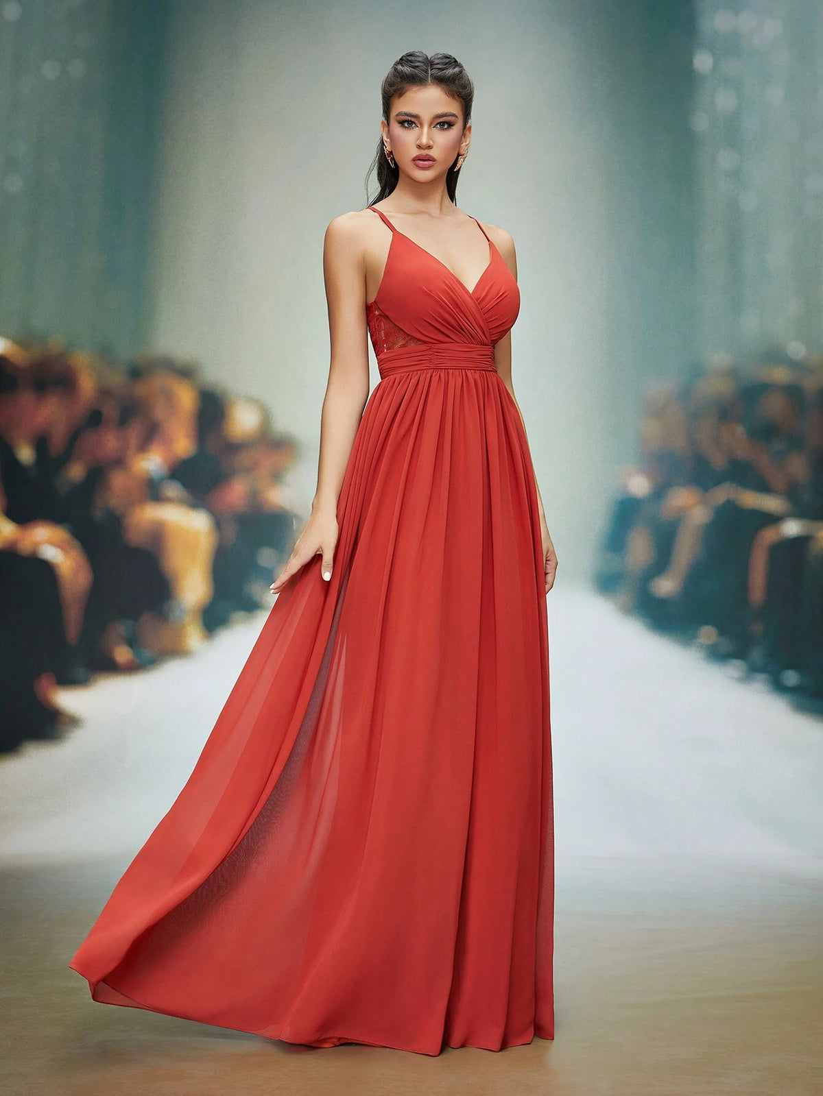 Solid Color Lace Patchwork Backless Halter Bridesmaid Dress For Adult Party