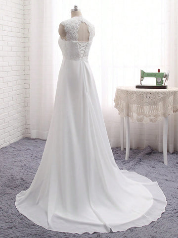 Solid Color Lace Patchwork Floor-Length Wedding Dress