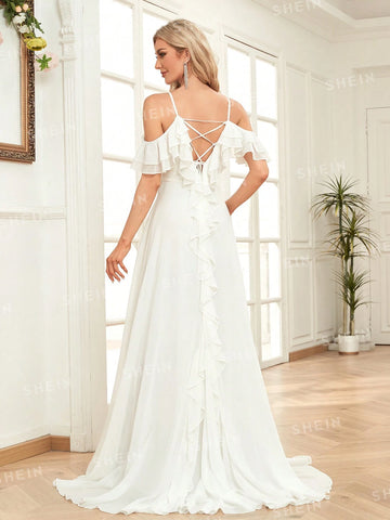 Solid Color Lace Splice Elegant And Romantic Wedding Dress With Thin Shoulder Straps