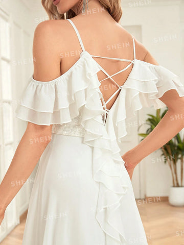 Solid Color Lace Splice Elegant And Romantic Wedding Dress With Thin Shoulder Straps