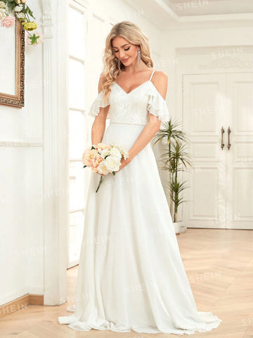 Solid Color Lace Splice Elegant And Romantic Wedding Dress With Thin Shoulder Straps