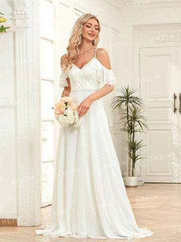Solid Color Lace Splice Elegant And Romantic Wedding Dress With Thin Shoulder Straps