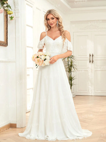 Solid Color Lace Splice Elegant And Romantic Wedding Dress With Thin Shoulder Straps