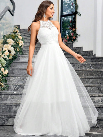 Solid Color Lace & Mesh Splice Sleeveless Elegant Wedding Dress With Neck Hanging