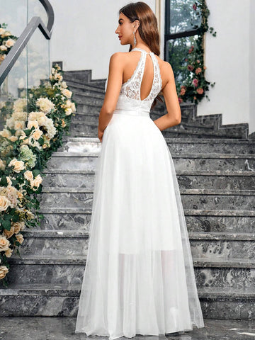 Solid Color Lace & Mesh Splice Sleeveless Elegant Wedding Dress With Neck Hanging