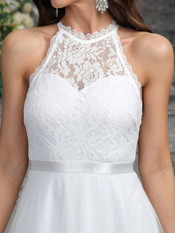 Solid Color Lace & Mesh Splice Sleeveless Elegant Wedding Dress With Neck Hanging