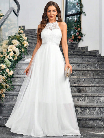 Solid Color Lace & Mesh Splice Sleeveless Elegant Wedding Dress With Neck Hanging