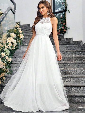 Solid Color Lace & Mesh Splice Sleeveless Elegant Wedding Dress With Neck Hanging