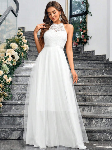 Solid Color Lace & Mesh Splice Sleeveless Elegant Wedding Dress With Neck Hanging