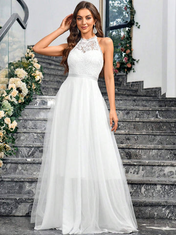 Solid Color Lace & Mesh Splice Sleeveless Elegant Wedding Dress With Neck Hanging