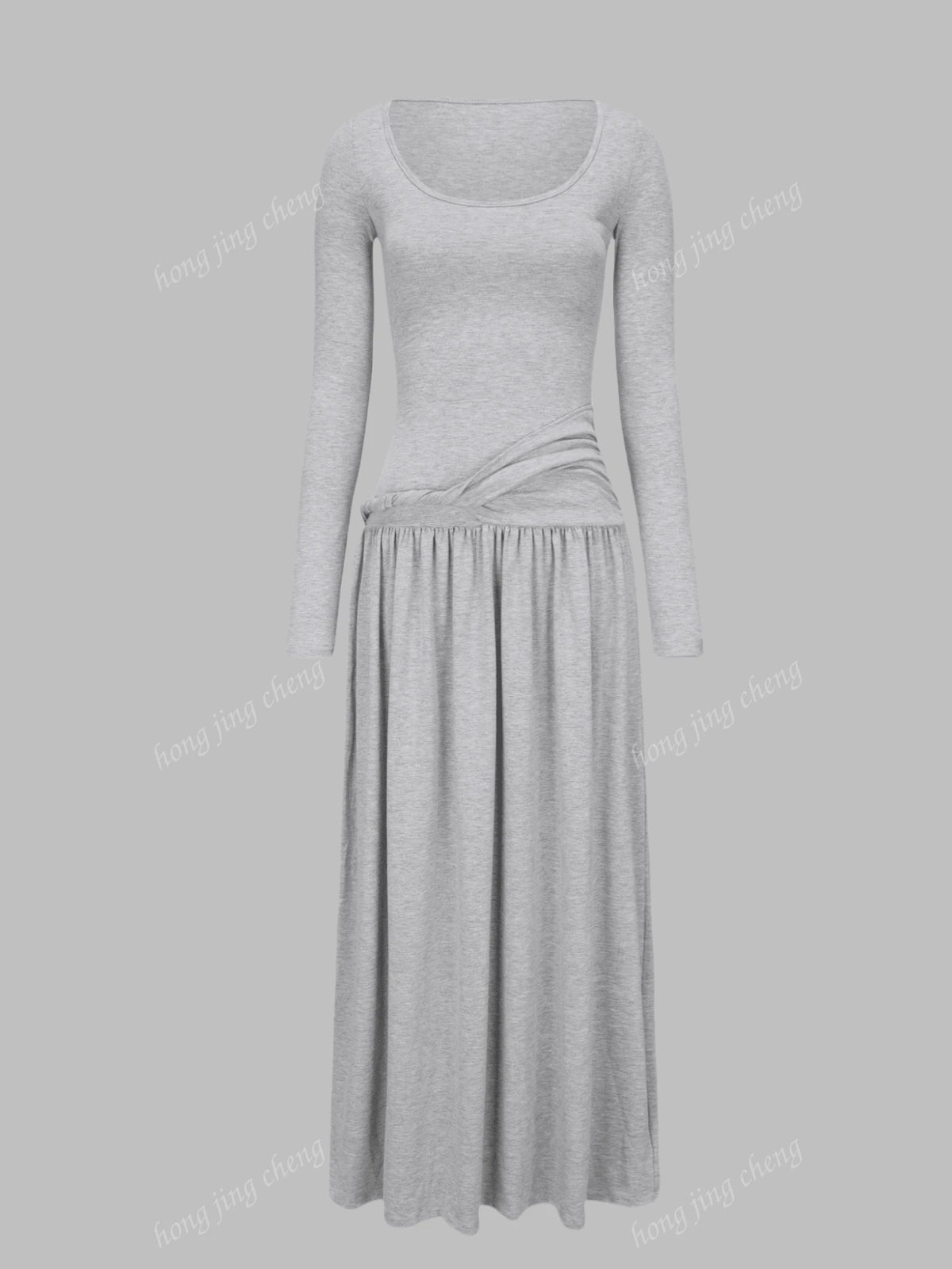 Solid Color Long Sleeve Crew Neck Fitted Dress