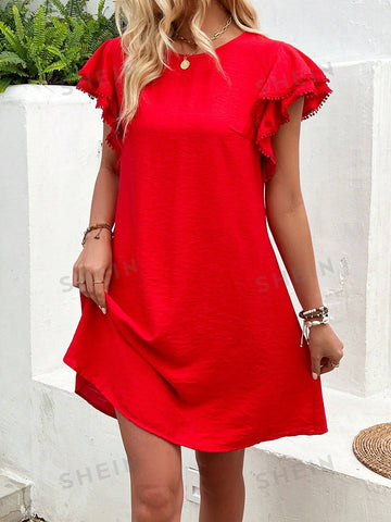 Solid Color Loose Fit Round-Neck Casual Ruffle Sleeve Dress