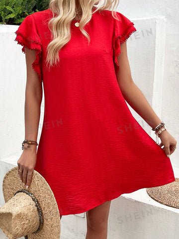 Solid Color Loose Fit Round-Neck Casual Ruffle Sleeve Dress