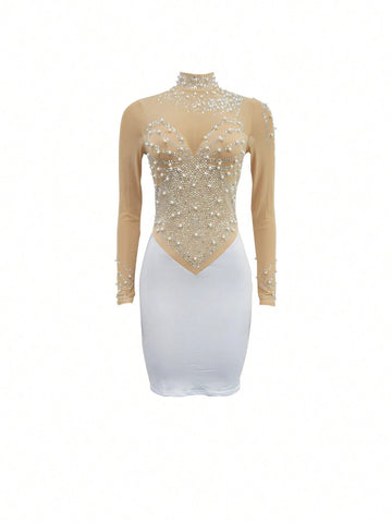 Solid Color Mesh Embroidery Long Sleeve Short Dress