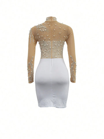 Solid Color Mesh Embroidery Long Sleeve Short Dress