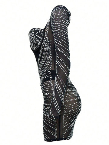Solid Color Mesh Rhinestone Decor Long Sleeve Mini Dress