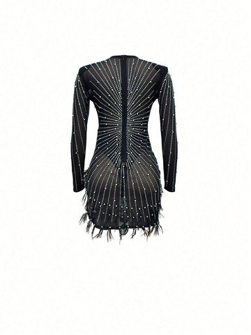 Solid Color Mesh Rhinestone Embellished Long Sleeve Short Dress