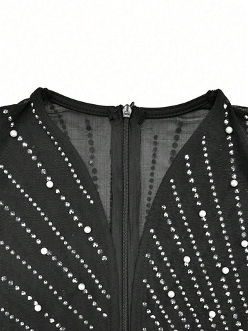 Solid Color Mesh Rhinestone Embellished Long Sleeve Short Dress
