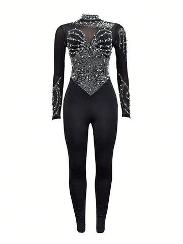Solid Color Mesh Rhinestone Long Sleeve Long Pants Jumpsuit