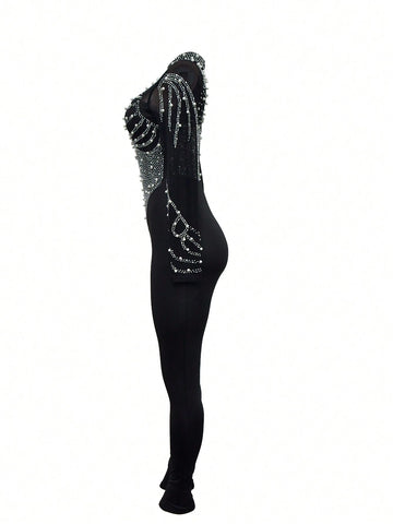 Solid Color Mesh Rhinestone Long Sleeve Long Pants Jumpsuit