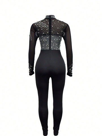 Solid Color Mesh Rhinestone Long Sleeve Long Pants Jumpsuit