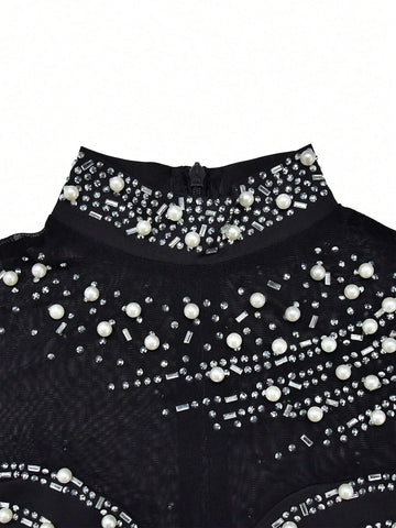 Solid Color Mesh Rhinestone Long Sleeve Long Pants Jumpsuit