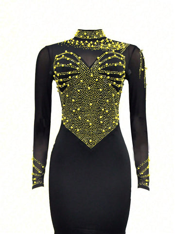Solid Color Mesh Rhinestoned Long Sleeve Mini Dress