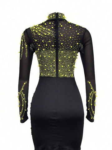 Solid Color Mesh Rhinestoned Long Sleeve Mini Dress