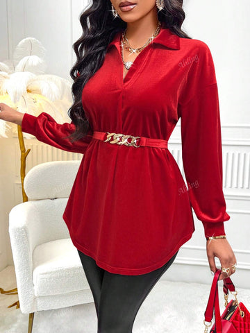 Solid Color Metal Decor Long Sleeve Simple Casual Top