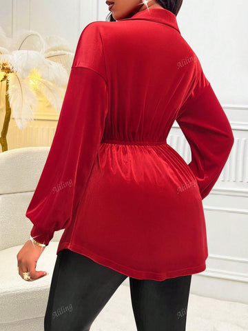 Solid Color Metal Decor Long Sleeve Simple Casual Top