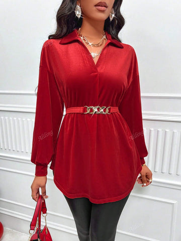 Solid Color Metal Decor Long Sleeve Simple Casual Top