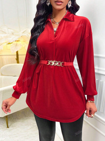 Solid Color Metal Decor Long Sleeve Simple Casual Top