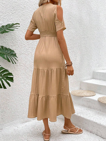 Solid Color Off-Shoulder A-Line Mini Dress With Gathered Waist