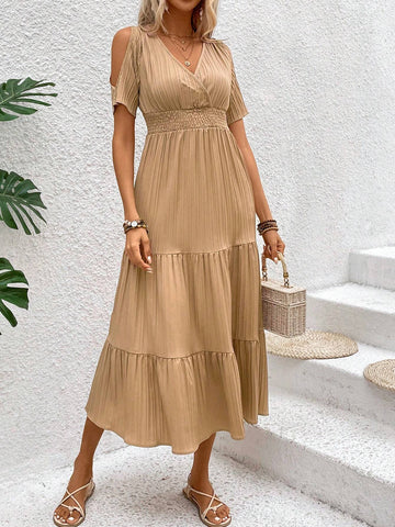 Solid Color Off-Shoulder A-Line Mini Dress With Gathered Waist