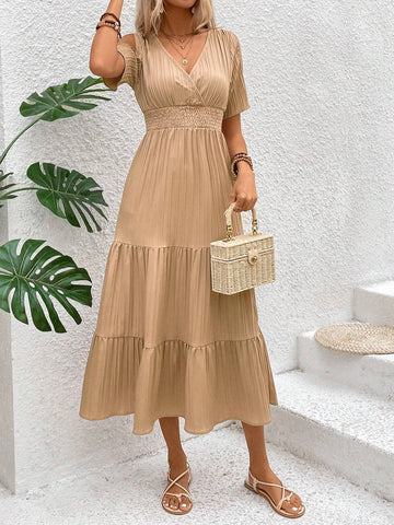 Solid Color Off-Shoulder A-Line Mini Dress With Gathered Waist