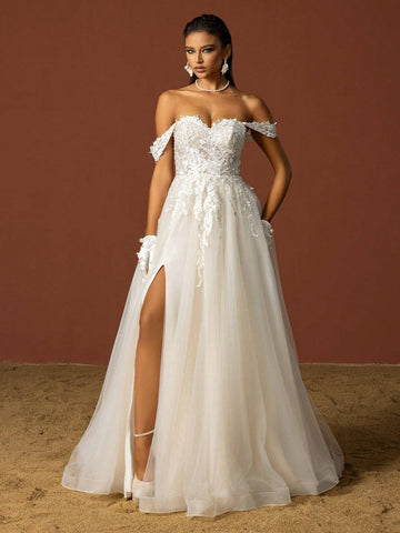 Solid Color Off-Shoulder High Slit Floral Applique Elegant Wedding Dress, Summer