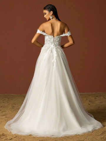 Solid Color Off-Shoulder High Slit Floral Applique Elegant Wedding Dress, Summer