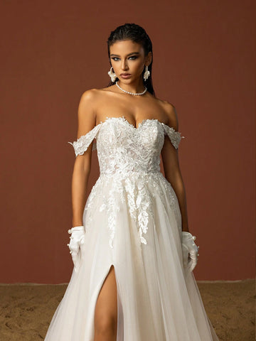 Solid Color Off-Shoulder High Slit Floral Applique Elegant Wedding Dress, Summer