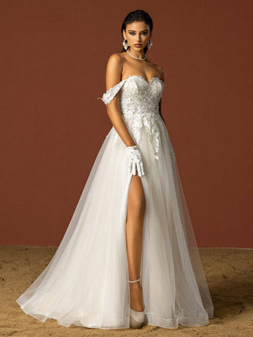 Solid Color Off-Shoulder High Slit Floral Applique Elegant Wedding Dress, Summer