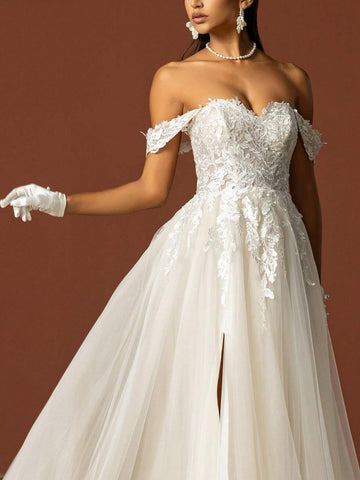 Solid Color Off-Shoulder High Slit Floral Applique Elegant Wedding Dress, Summer
