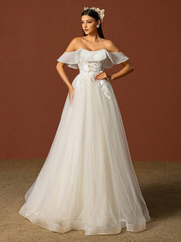 Solid Color Off-Shoulder Mesh Splice Wedding Dress