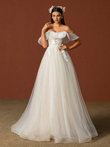 Solid Color Off-Shoulder Mesh Splice Wedding Dress