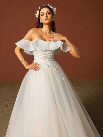 Solid Color Off-Shoulder Mesh Splice Wedding Dress