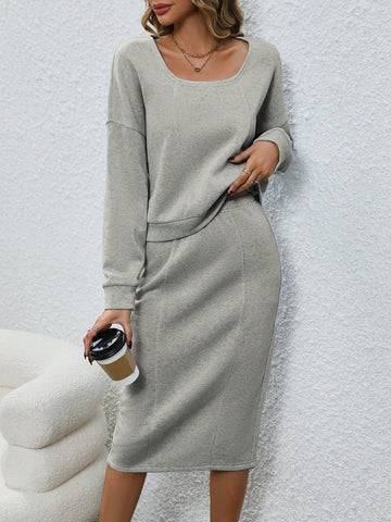 Solid Color Off-shoulder Sweatshirt And Midi Skirt Set