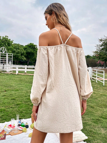 Solid Color Off Shoulder Halter Neck Dress