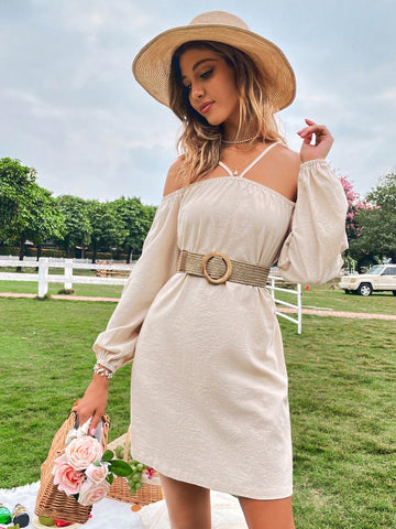 Solid Color Off Shoulder Halter Neck Dress