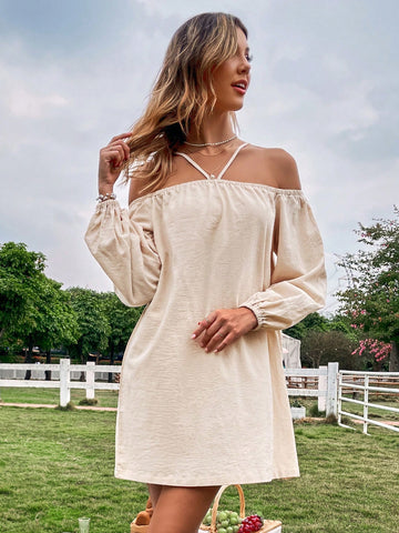 Solid Color Off Shoulder Halter Neck Dress